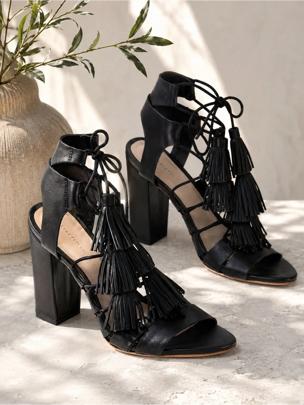 Loeffler Randall ‘Luz’ Black Leather Lace-Up Tassel Accented Block Heels Sz 5.5